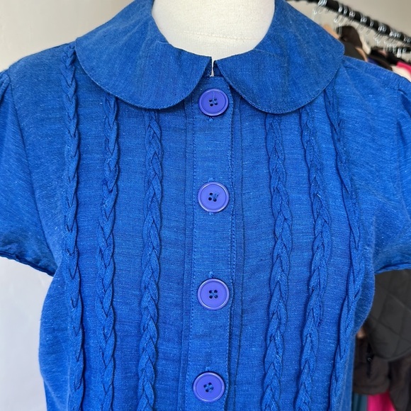 PERSAMAN New York Cobalt Blue Short Puff Sleeve Linen Blend Top, Size Medium - Picture 4 of 13